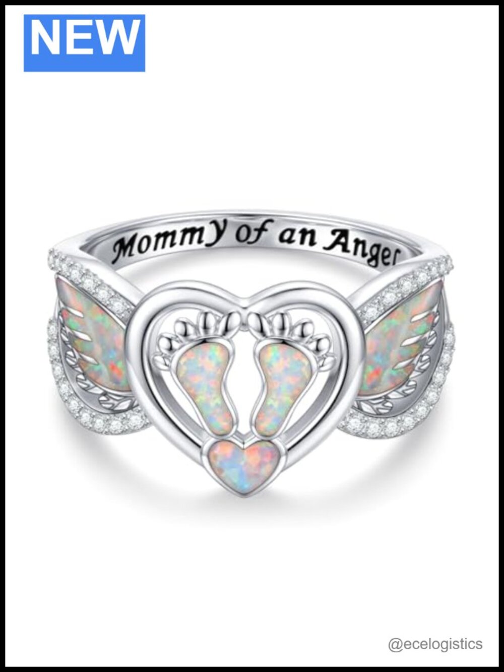 925 Sterling Silver Opal Angel Wing Memorial Ring Size 7